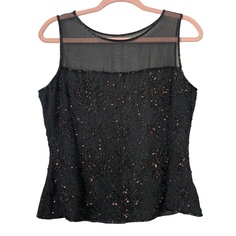 Vintage Silk Beaded Sequin Floral Mesh Tank Top‎ Whimsigoth Witchy Fairygoth